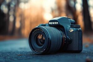 DSLR camera on asphalt path, autumnal background. photo