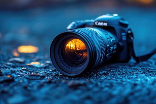 DSLR camera lens reflecting sunset on ground. photo