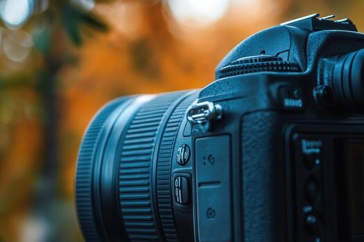 DSLR camera close-up, autumn background. photo