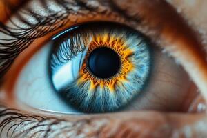 Extreme close-up of a human eye with unique color pattern, showing iris, pupil, and eyelashes. photo
