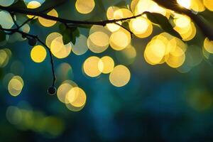 dorado bokeh luces mediante hojas en un rama a puesta de sol. foto