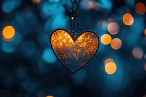 Glowing heart-shaped ornament with bokeh lights. photo