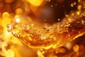 Golden liquid splashing, bokeh background. photo
