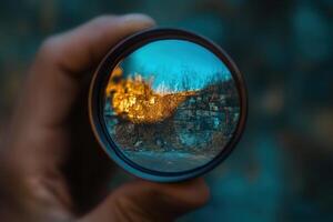 Hand holding lens showing scenic view. photo