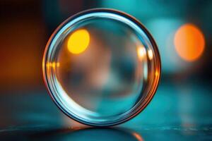 Illuminated transparent sphere on dark surface. photo