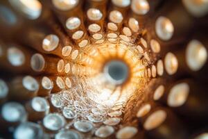 Intricate spiral pattern inside a hollow object, showing texture and light. photo