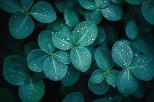Lush green leaves with water droplets. photo