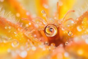 Macro close-up of a vibrant orange flower with dew drops, showcasing intricate details and textures. photo