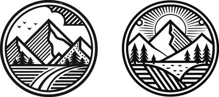 Two black and white mountain and forest emblems vector