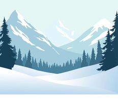 Minimalist winter landscape illustration with snowy mountains, pine trees, and a serene sky. Perfect for seasonal designs, nature-themed projects, and backgrounds. Clean and modern flat design style vector