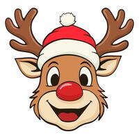 Smiling reindeer with red nose and hat. Cartoon illustration vector