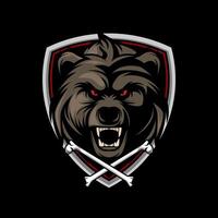 Bear Head With angry face in shield and crosbone illustration vector
