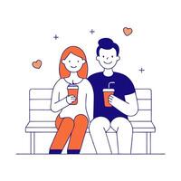 Young couple enjoying iced coffee while sitting on a park bench vector