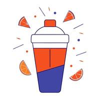 Floating cocktail shaker with fruit slices forming a burst with Shake It Up text vector