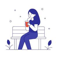 Young woman enjoying a smoothie while sitting on a park bench vector