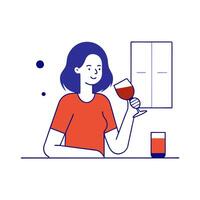 Woman enjoying a glass of red wine while cooking in her kitchen vector