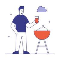 Man enjoying a cold beer while grilling at a backyard barbecue vector