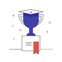 Floating holographic diploma and glowing trophy with ample copy space on a white background vector