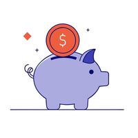 Floating holographic piggy bank and gold coin on a glossy white background with ample copy space vector