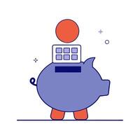Floating holographic piggy bank and calculator on a glossy white background with ample copy space vector