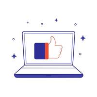 Holographic laptop with glowing thumbs up and ample copy space on a white background vector
