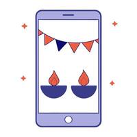 Glossy smartphone with holographic Diwali lanterns and floating marigold petals isolated with copy space vector