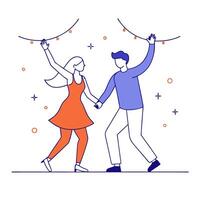 Glowing couple dancing under digital neon lights in a festival setting vector