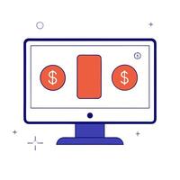 Glossy desktop monitor with holographic financial dashboards and currency symbols vector