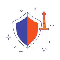 Glowing holographic sword and shield with ample copy space vector