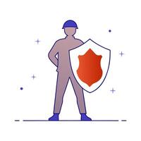 Glowing holographic soldier silhouette and shield with copy space vector