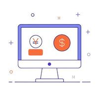 Glossy desktop monitor with holographic financial dashboards and currency symbols vector