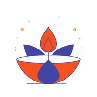 Glowing Diya with a radiant flame and floating flower petals isolated on a white background vector