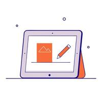 Glossy tablet with marketing content creation tools and project outlines vector