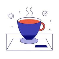 Glossy coffee cup with holographic marketing plans and graphs floating above vector
