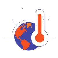 Glossy earth and thermometer with holographic climate data and global temperature trends vector