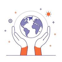 Glossy earth and hands with holographic protection symbols and climate action text vector