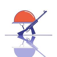 Glossy military helmet and rifle over a reflective surface vector