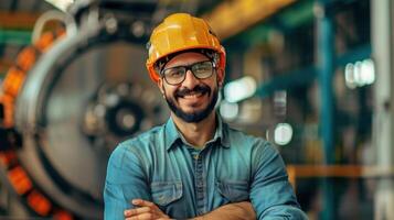 A man in a hard hat and glasses standing in front of machinery photo