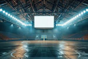 An empty basketball court with a large screen photo