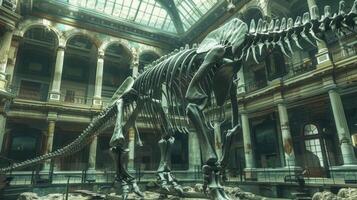 A dinosaur skeleton is displayed in a museum photo