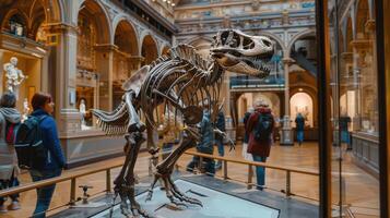 A dinosaur skeleton is on display in a museum photo