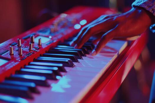 A person playing on a red keyboard photo