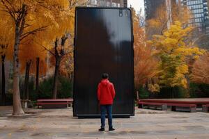 A man standing in front of a large black sculpture photo