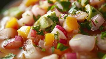 Detailed view of a mouthwatering Peruvian ceviche dish. photo