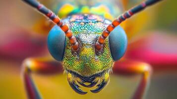 Detailed view of a vibrant insect's face. photo