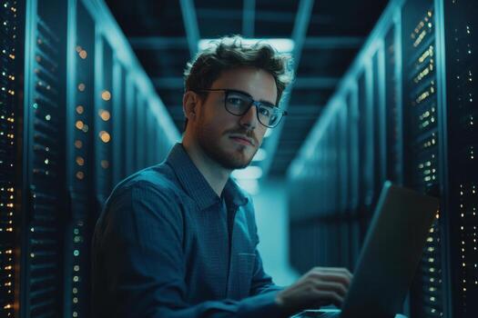 A man in glasses is working on a laptop in a server room photo