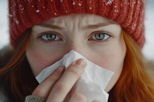 A woman with red hair blowing her nose photo