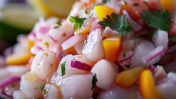 Detailed view of a mouthwatering Peruvian ceviche dish. photo