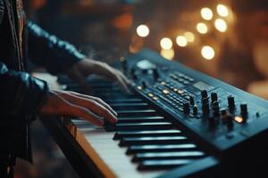 A person playing an electronic keyboard in a dark room photo