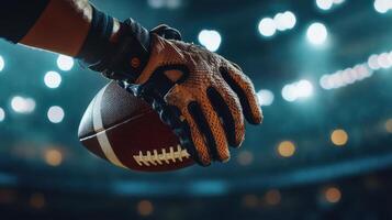 Receiver's Glove Grasping a Football Up Close photo